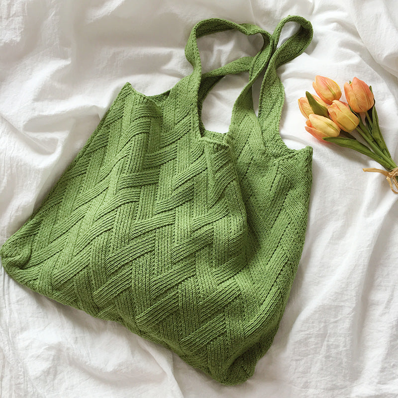 Avocado Green Knit Tote One-Shoulder Sweater Bag