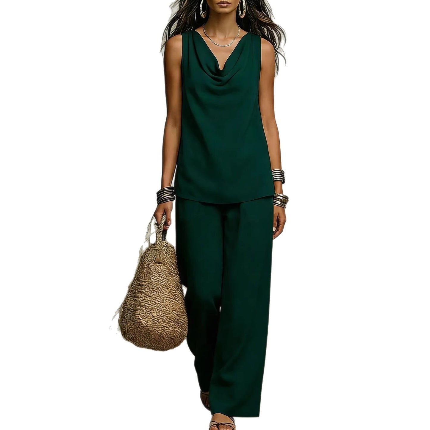 Womens Slash-Neck Sleeveless Tank Top And Casual Pants Set