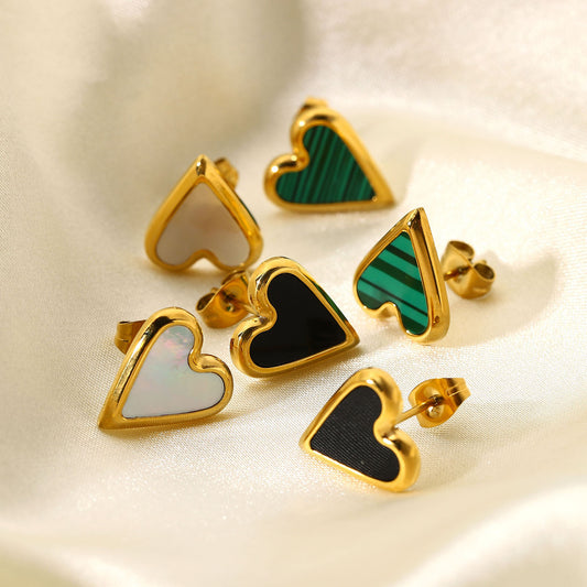 Natural Stone Black Shell Love Stud Earrings