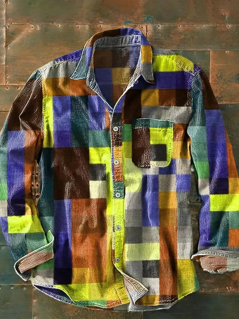 New Retro Vacation Style Color Matching Printing Stylish Men's Long Sleeve Button Top Shirt