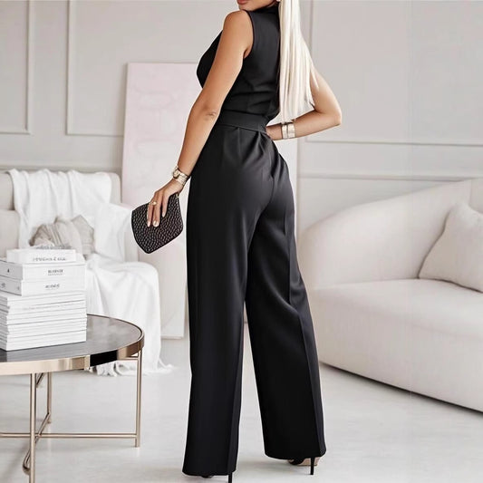 Ærmeløs Jumpsuit Til Kvinder Med Reverskrave, Brede Ben, Bælte Og Lommer