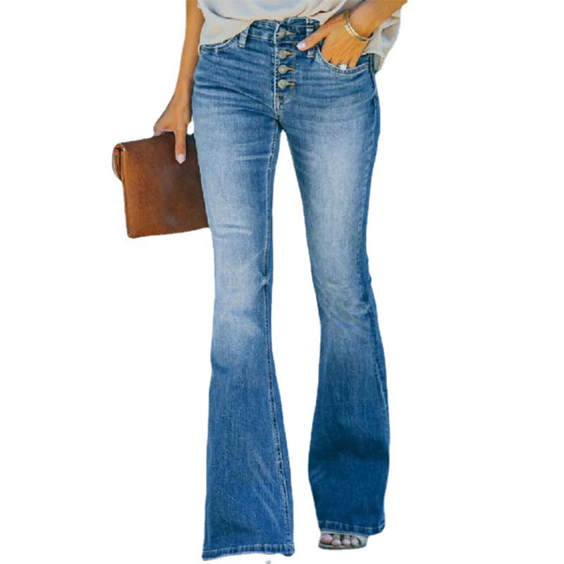Højtaljede Trompetbukser Moderigtigt Vasket Look Street Style Jeans Til Kvinder