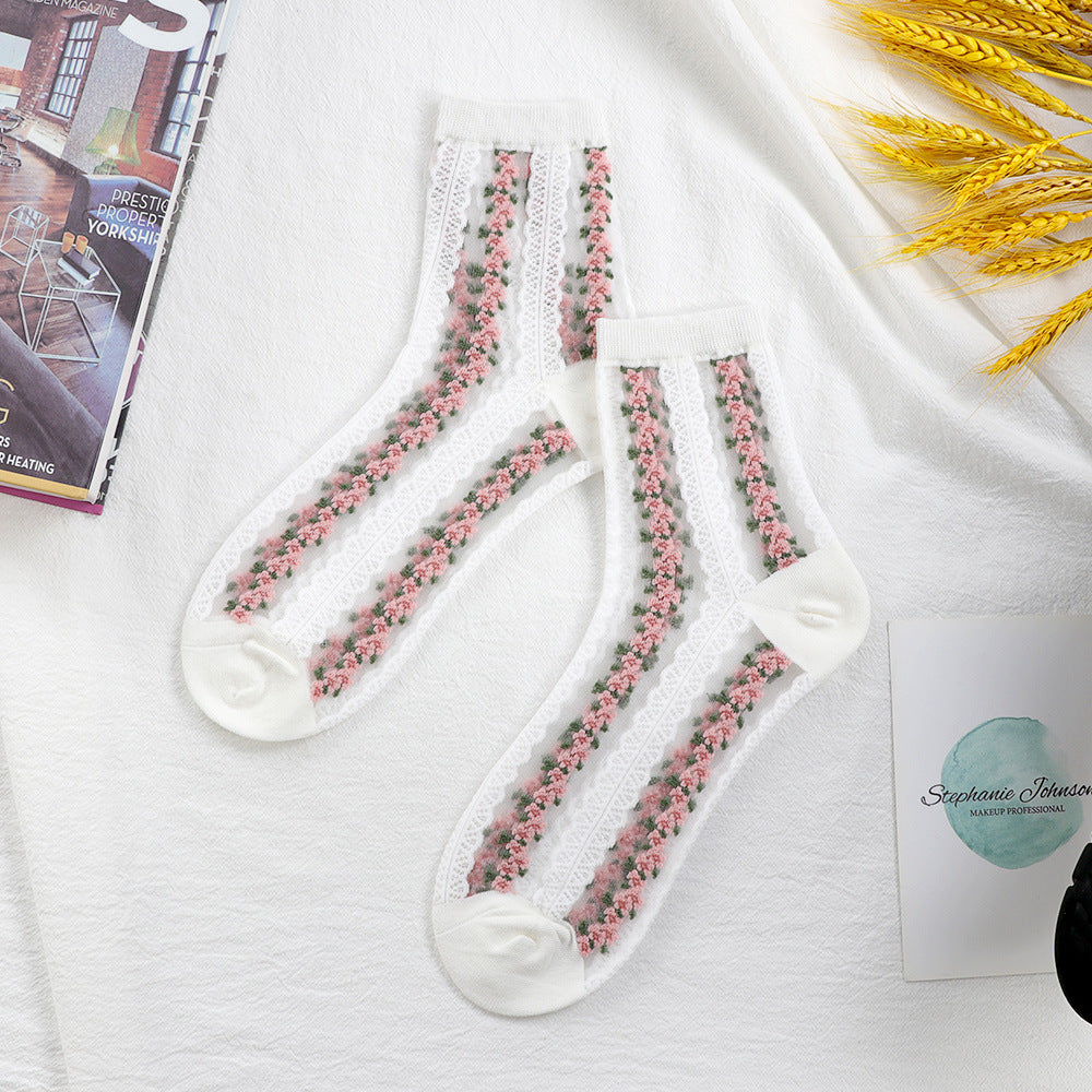 Women's Mid-calf Ins Fashionable Small Floral Transparent Spun Glass Summer Thin Stockings