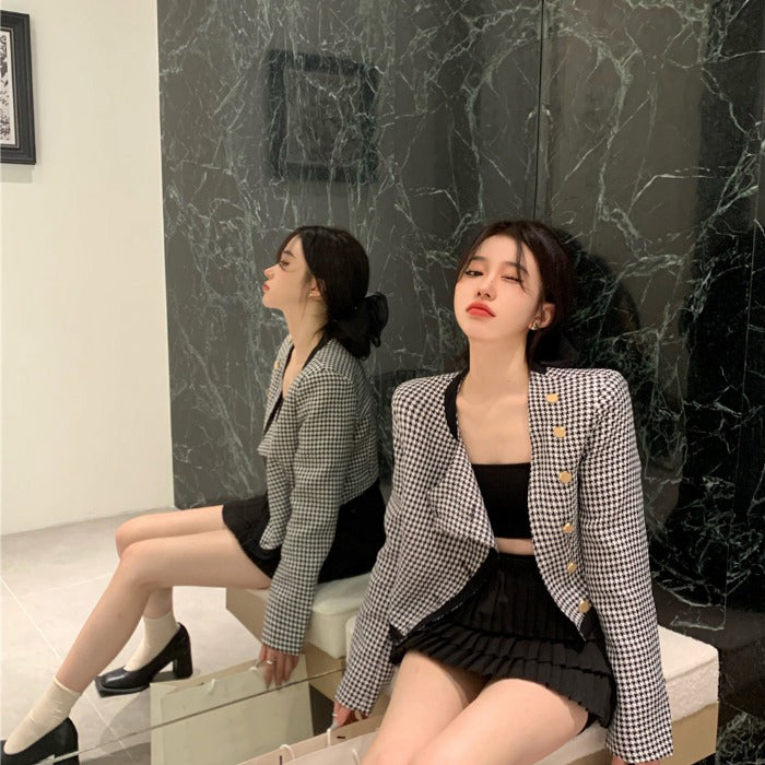 Thousand Bird Check Long Sleeve Temperament Design Loose Short Women's Coat