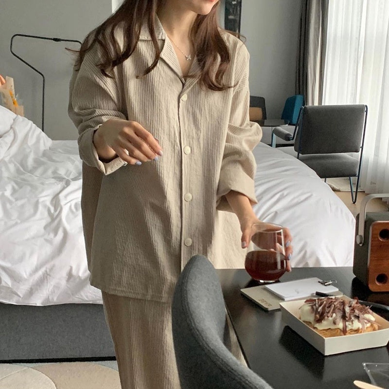 Simple Stripe Long Sleeve Women's Casual Loose Home Suit