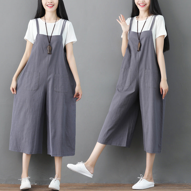 Plus Size Loose Linen Jumpsuit Suspender Pants