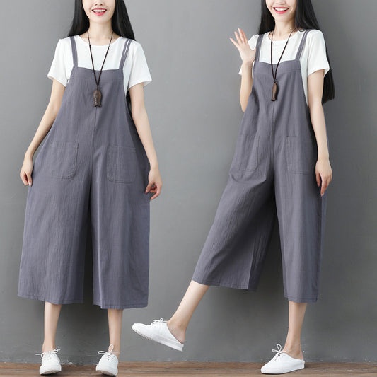 Plus Size Loose Linen Jumpsuit Suspender Pants
