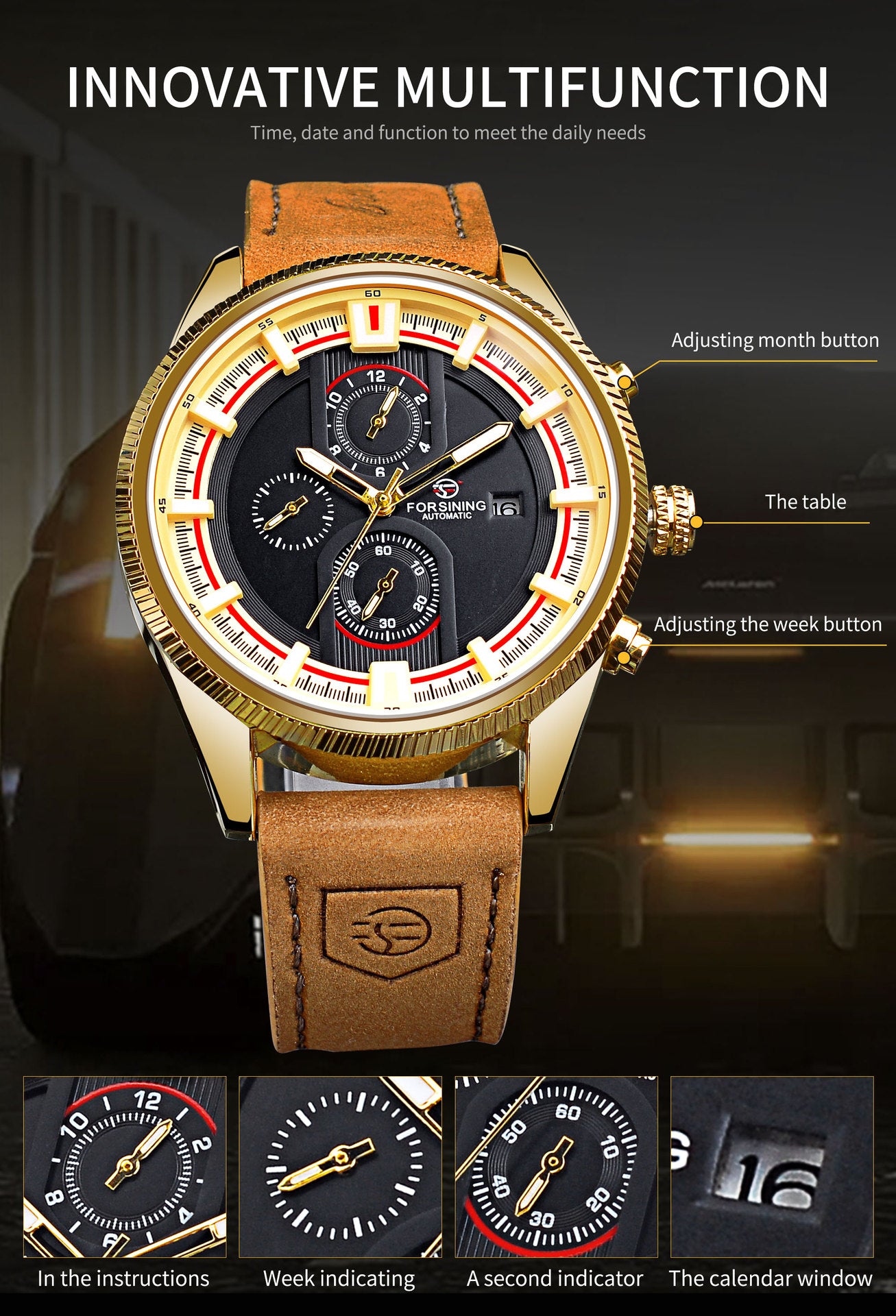 Waterproof Men's Week Calendar Automatic Mechanical Watch 30 M