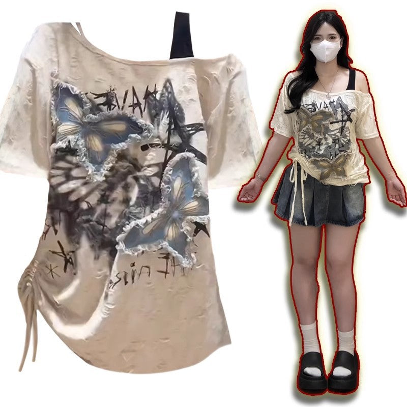 Slightly Fat Beautiful Butterfly Oblique Shoulder Tops Loose Short Sleeve