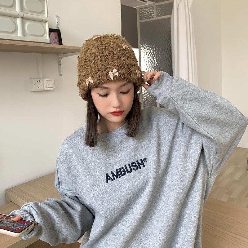 Rabbit Hair Bow Knitted Hat