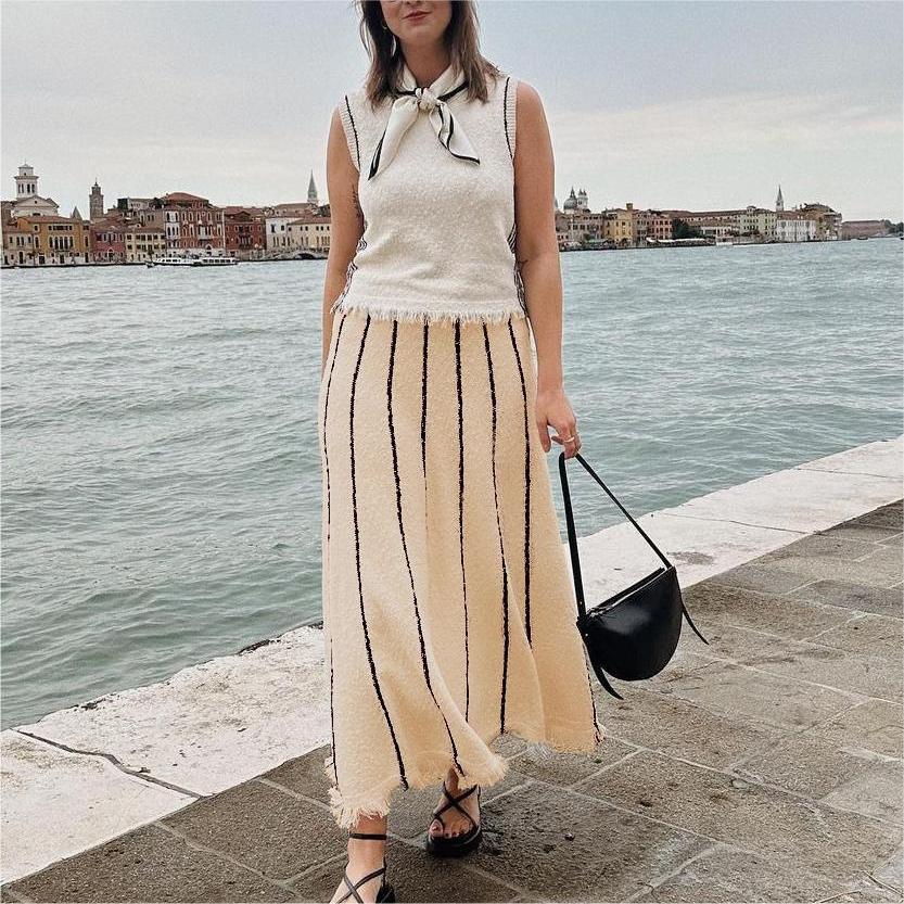 Striped Fringe Knitted Skirt