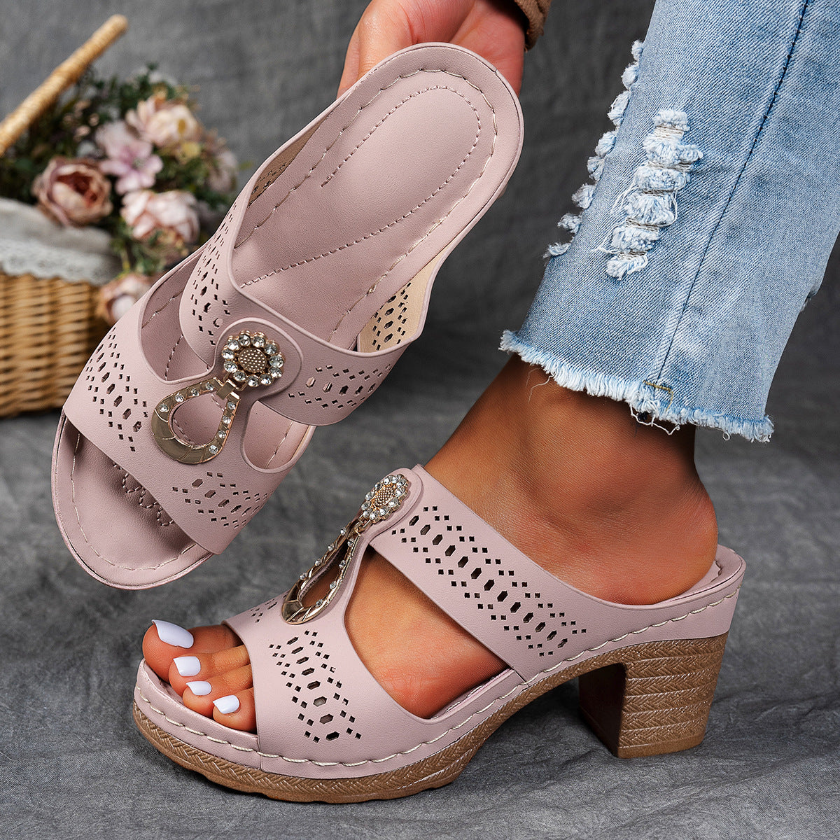 Plus Size Flade Hule Helfarvede Tøfler Syede Mellemaldrende Mor Rhinestone Sko