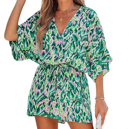 Women's V-neck Printed Lace-up Bat Jumpsuit