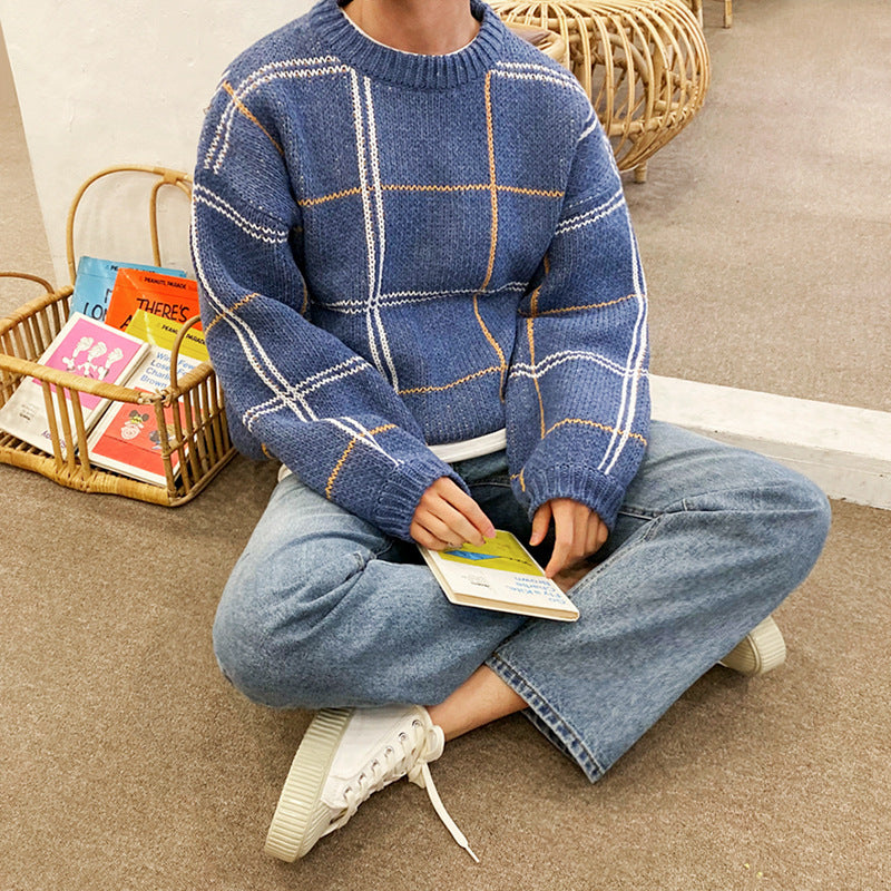 Men's Loose Blue Thickened Round Neck Knitted Bottoming Shirt
