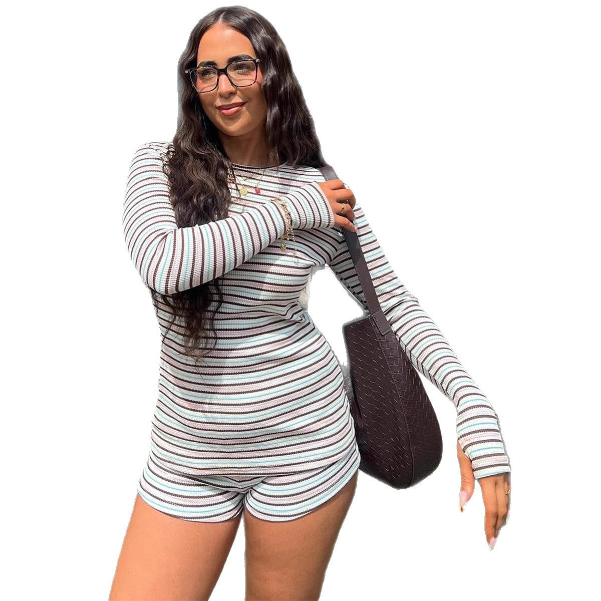 Slim-fit Striped Stretch Round-neck European And American Dress Set For Women