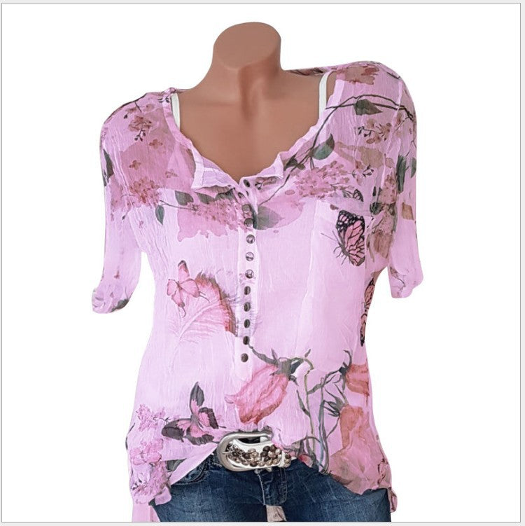 Short Sleeve Printed Shirt Button Top Chiffon Shirt