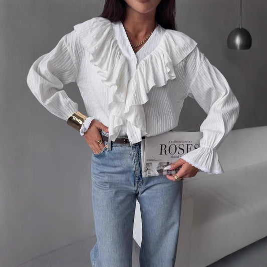 Polyester V-hals Bluse med Flæse og Lange Ærmer til Kvinder