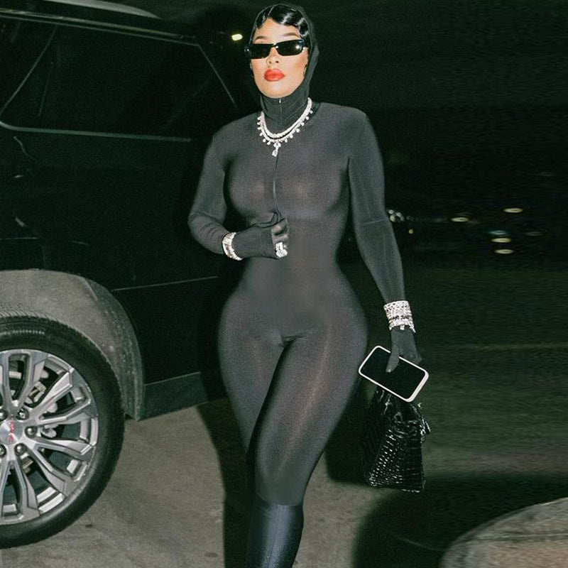 Zipper Hooded Slim Fit Long Sleeve Finger Stall Jumpsuit