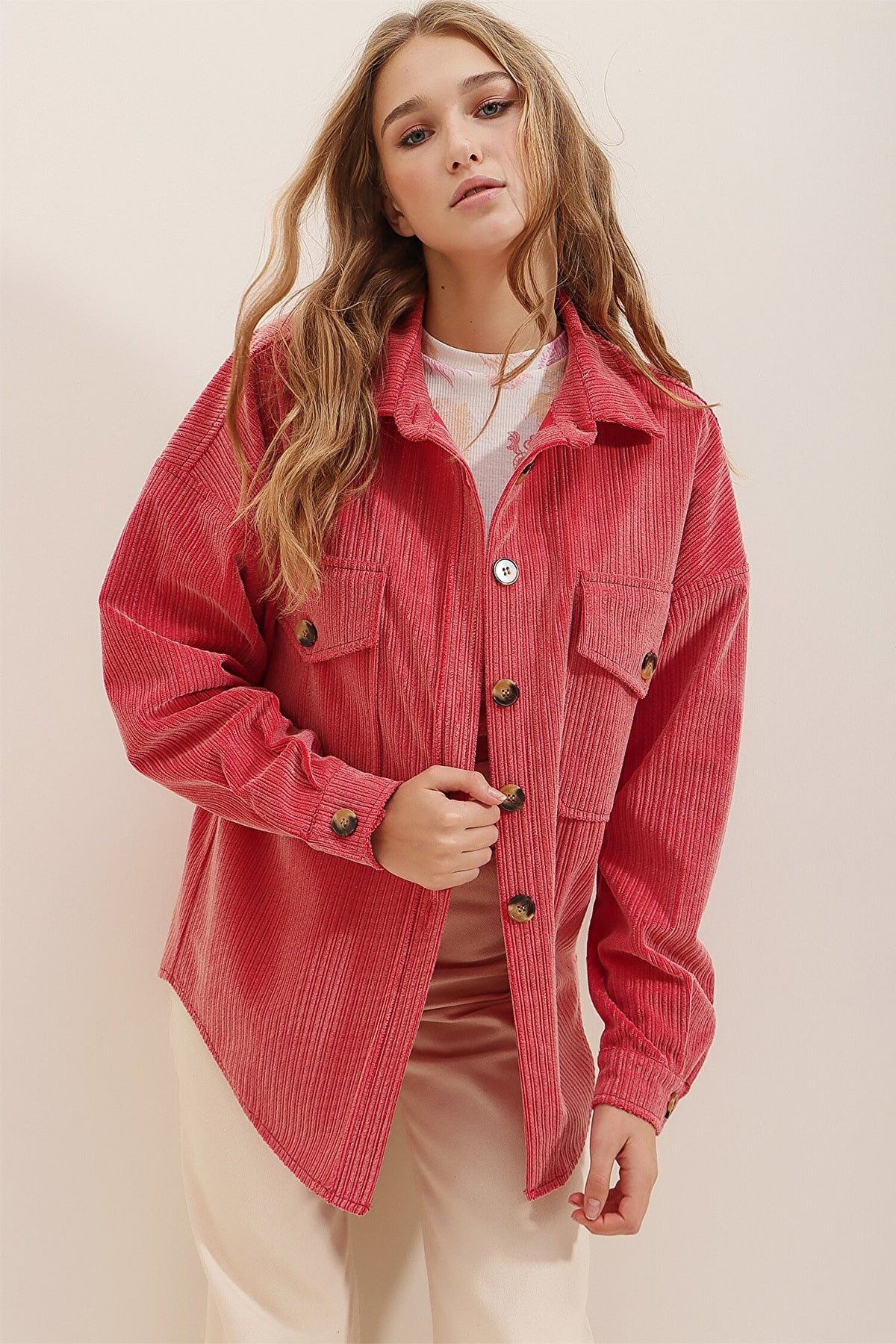 Women's Corduroy Pocket Long Sleeve Coat