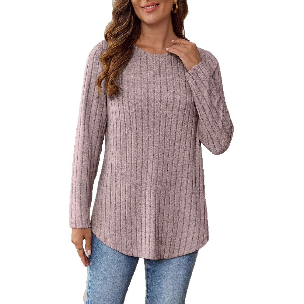 Womens Solid-Color T-Shirt With A Crew Neck Long Sleeves And Buttons