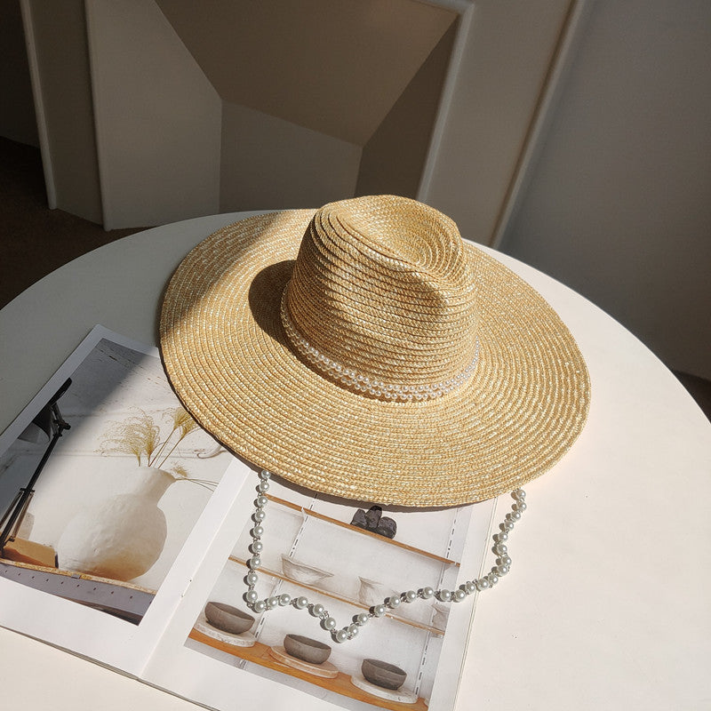 French Pearl Chain Big Brim Wheat Straw Jazz Straw Hat Beach