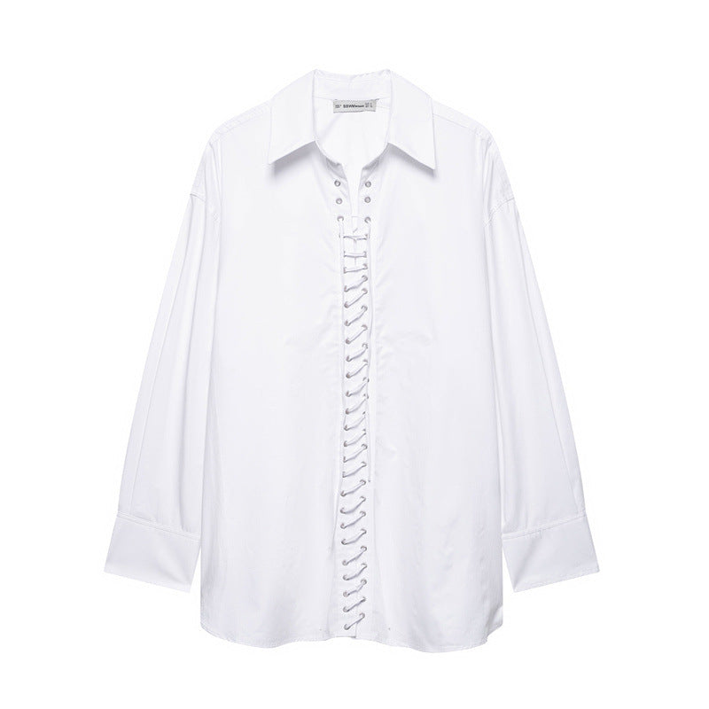 European And American Style Solid Color Loose Casual Front Lace-up Shirt
