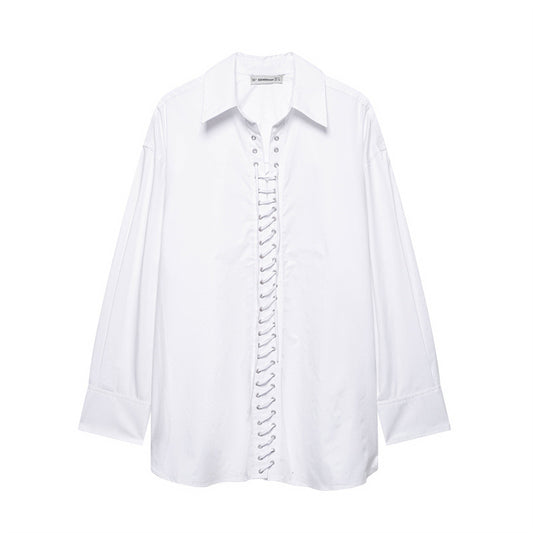 European And American Style Solid Color Loose Casual Front Lace-up Shirt