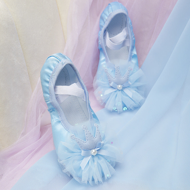 Satin Crown Dancing Shoes Girl Soft Bottom