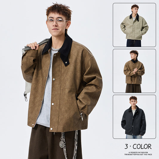 Large Size Men's PU Leather Coat Polo Collar Jacket