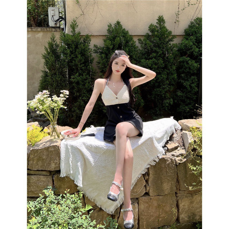 New Style Waist And Thin Hanging Neck Patchwork Small Fragrant Top
