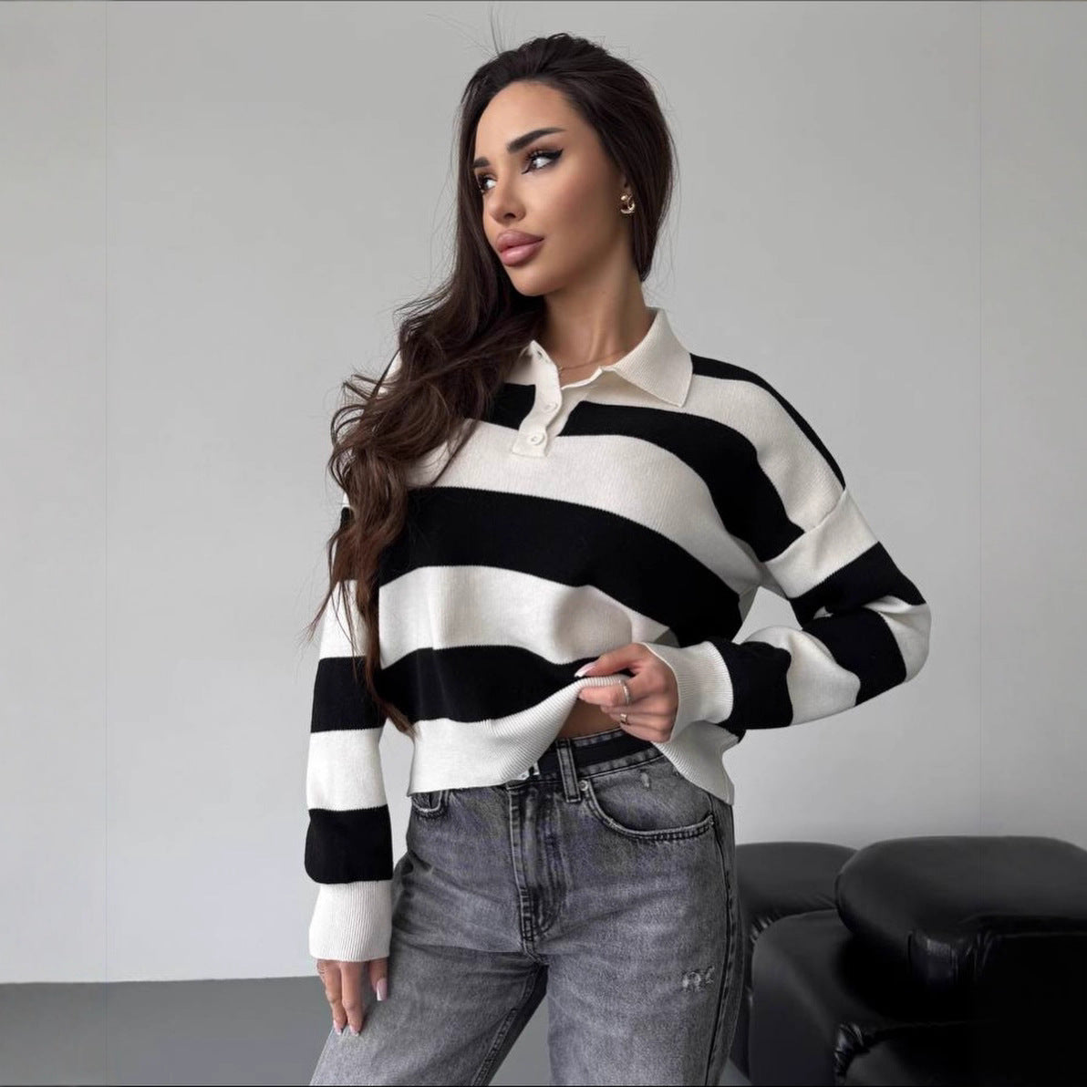Lapel Half-zip Sweater Loose-fit Knit Top