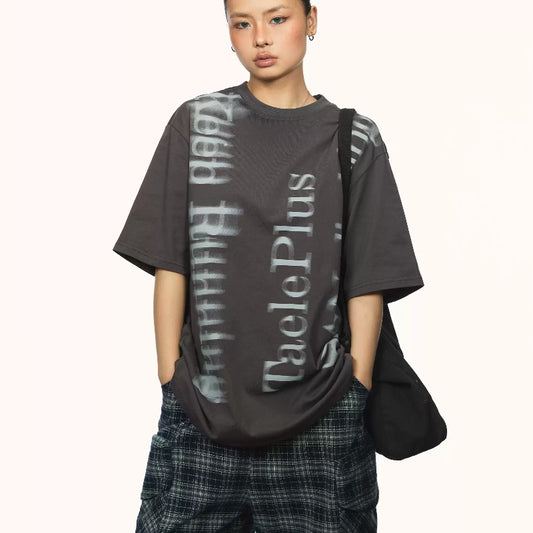 Fuzzy Font Round Neck Short Sleeve Retro Distressed