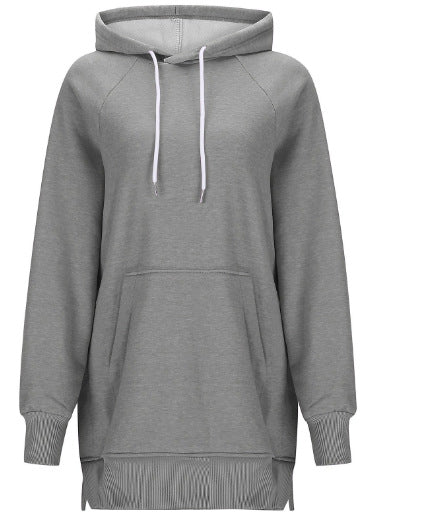 Dame ensfarvet sweater med hætte, slidser ved skuldrene og ærmer