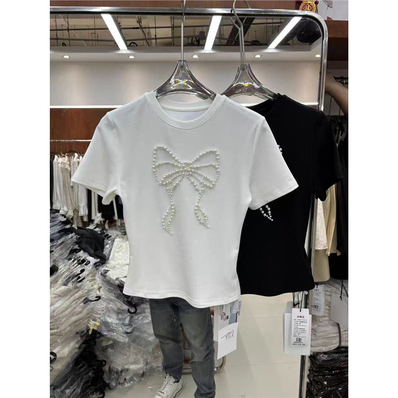 New Beaded Pearl Bow Short-sleeve Top