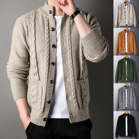 Ny Enkeltbrystet Sweater Med Lommer Mode Jacquard Løstsiddende Cardigan Herretøj