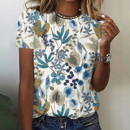 Loose Plus Size Sweet Floral 3d Printed Round Neck Short-sleeved Summer Clothes Women's T-shirt