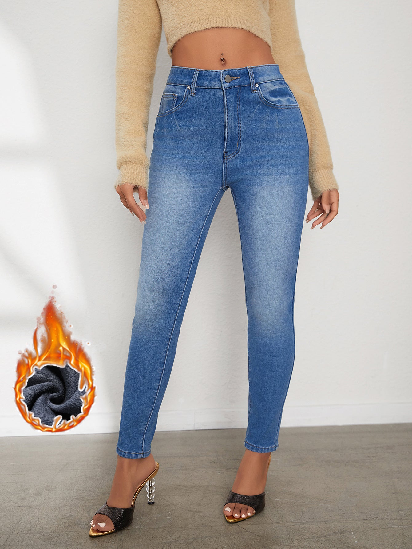Dame Højtaljede Komfortable Små Fødder Med Plys Jeans