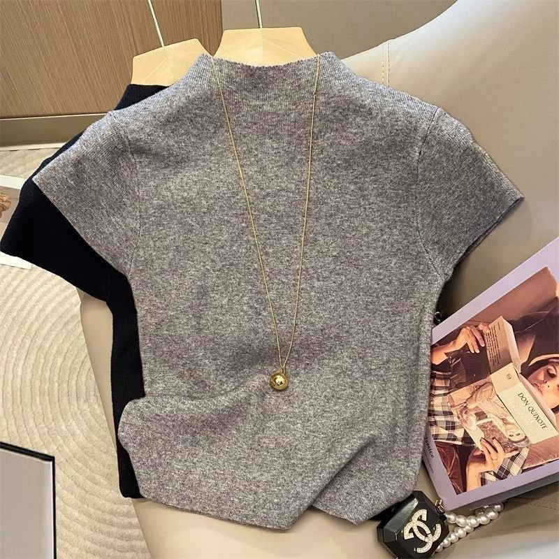 Dopamin Hot Girl Sort Mock-neck Skulder Kortærmet T-shirt Dame Sommer
