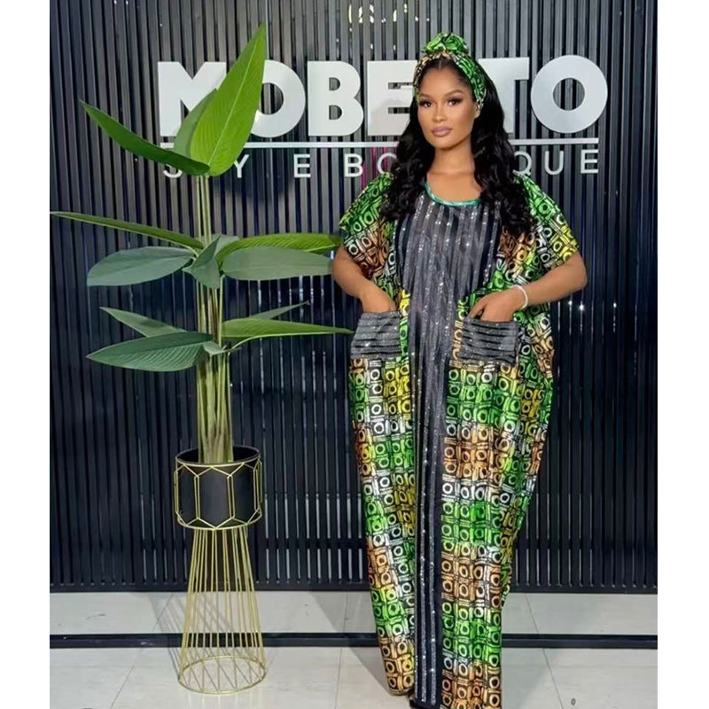 Printed Loose Robe Ethnic-Style Rhinestone-Embellished Plus-Size Dress