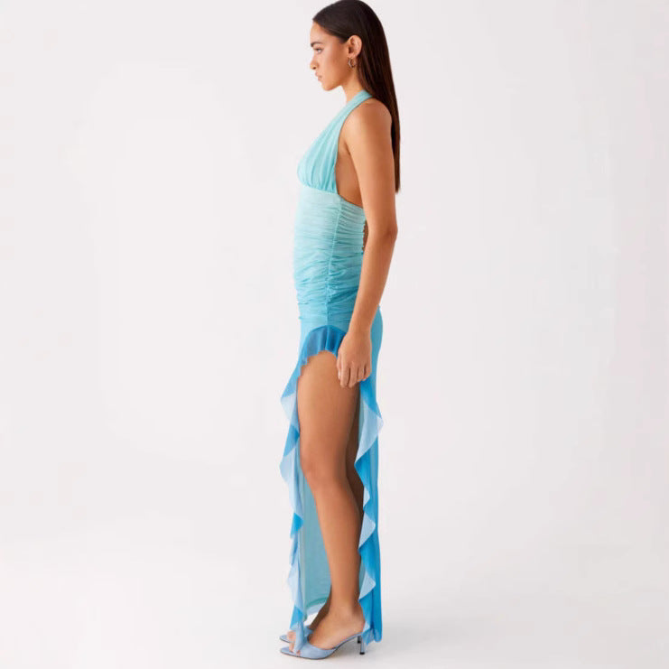 Body-hugging Halter-neck Sexy V-neck Dress With Ruffled Hem And Side Slit