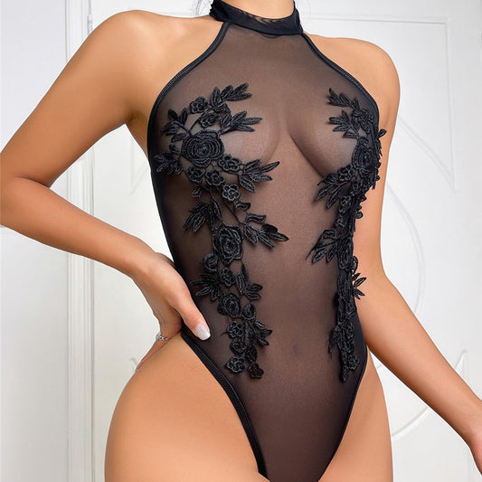 Sexy Water Soluble Flower See-through Hot Girl Slim Fit Underwear Jumpsuit