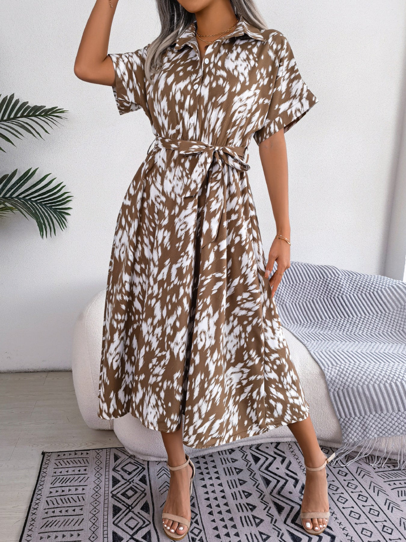 Women's Casual Loose Leopard Print Tie Waist Shirt Dress