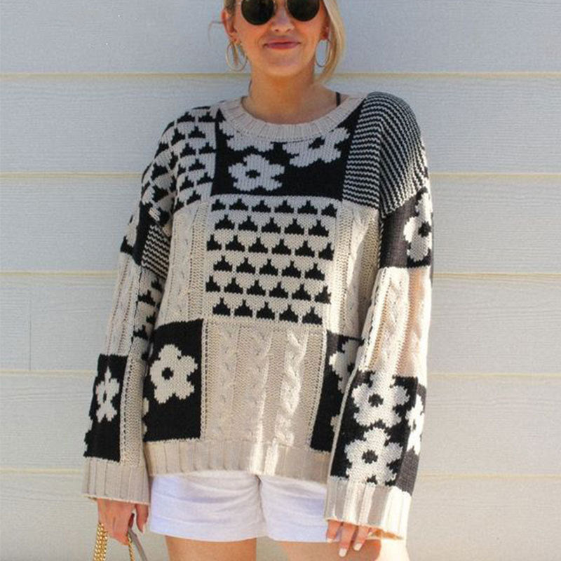 Square Flower Casual Loose Round Neck Pullover Sweater