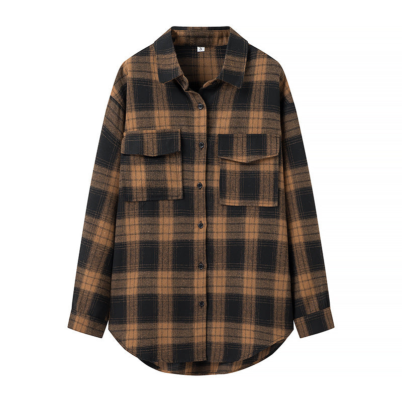 Retro Plaid Long-sleeve Women's Loose Casual Single-breasted Shirt