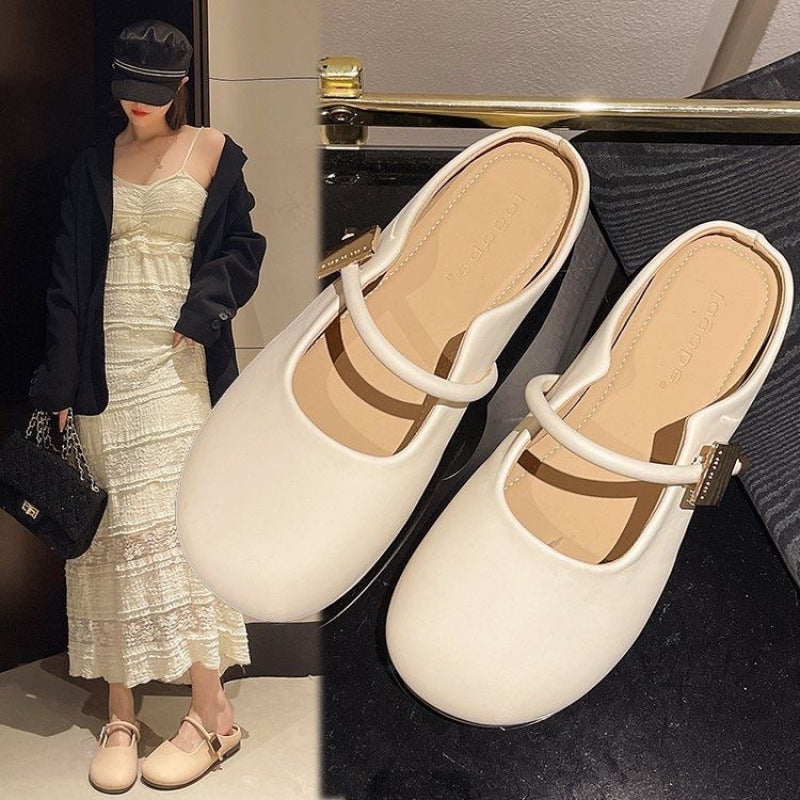 Temperament Wild Square Buckle Toe Cap Semi Slipper Soft Bottom Internet-famous Outdoors Slip-on