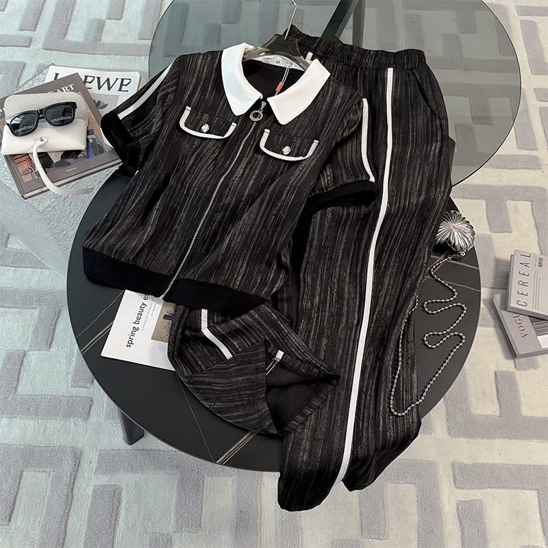 Womens Stylish Youth-Enhancing Lapel Collar Color-Block Short-Sleeve Cardigan Two-Piece Set