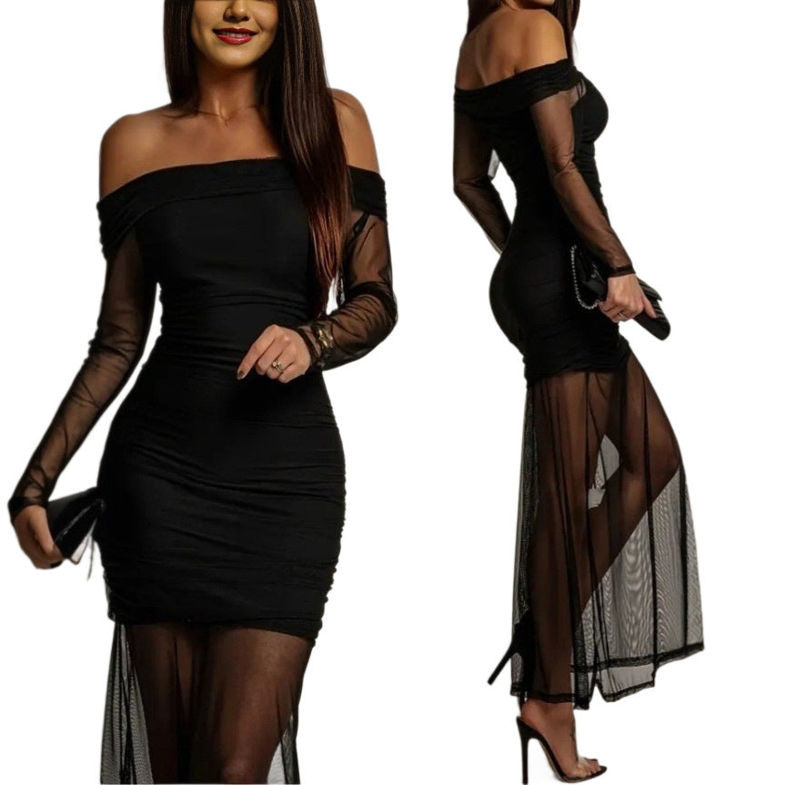 Off-the-shoulder Mesh-panel Fitted Long-sleeve Dress
