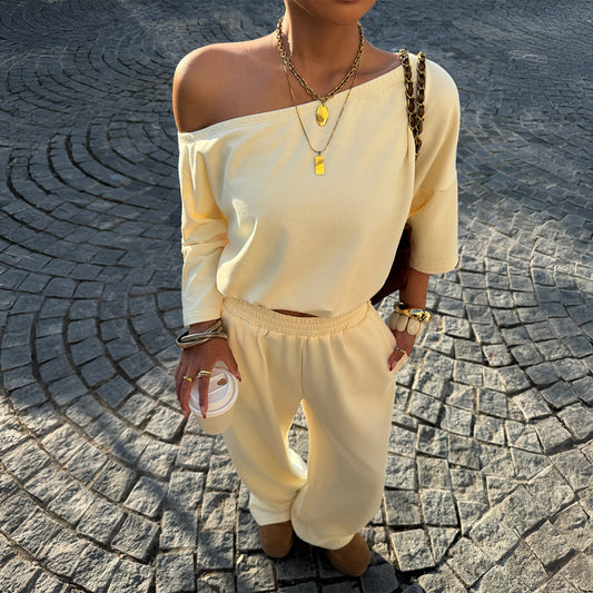 SpringSummer European And American Retro Sassy Off-Shoulder Mid-Rise Loose Wide-Leg Jumpsuit Set