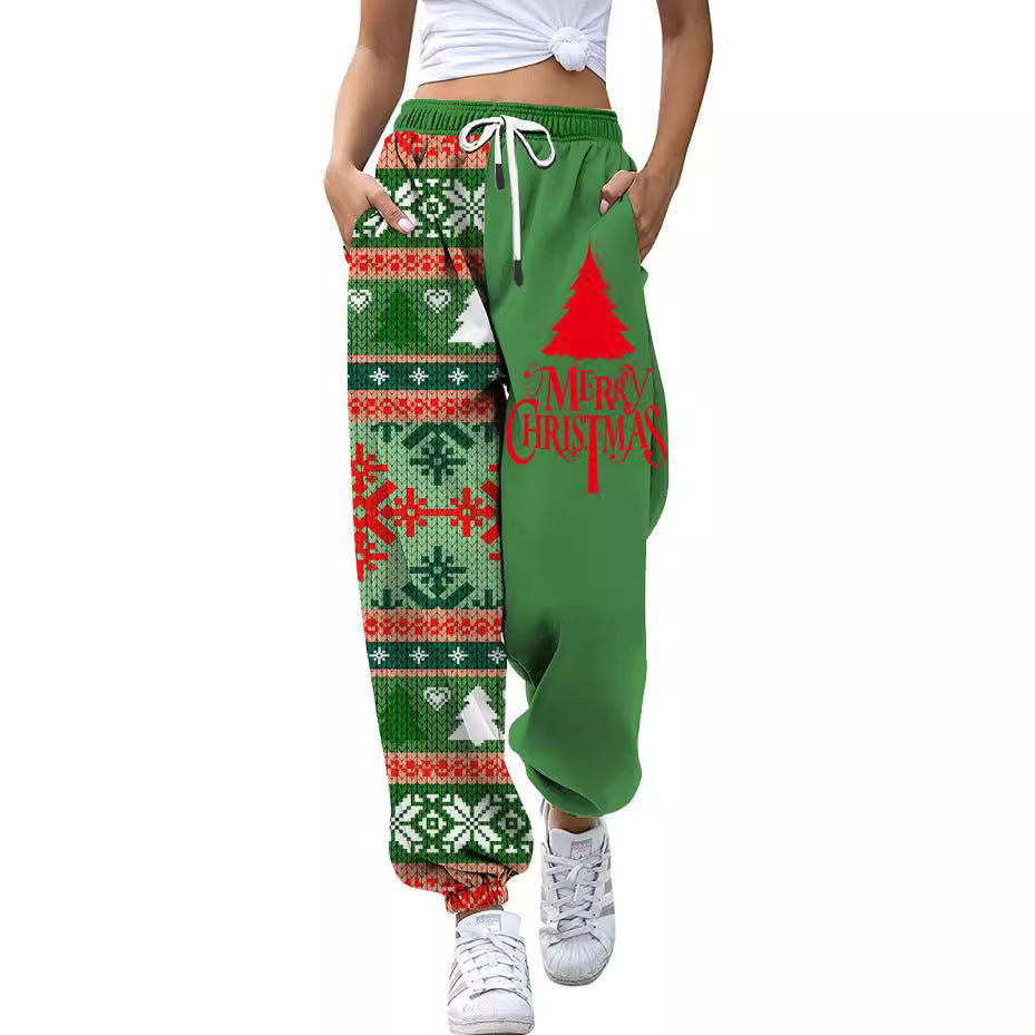 European And American Christmas High Waist Loose 3d Printed Casual Drawstring Women's Sports Casual Pants