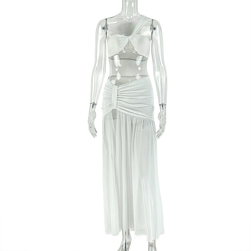 Women's Split Hem Bodycon Tube Top And One-Shoulder Two-Piece Set